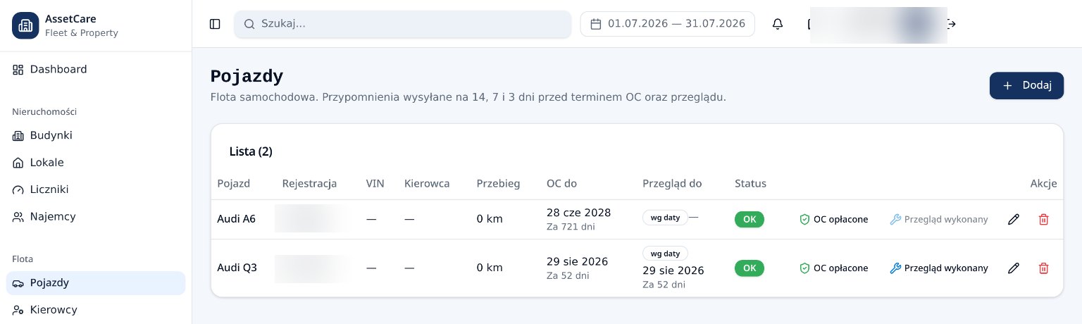 Lista pojazdów z datami OC / przeglądu