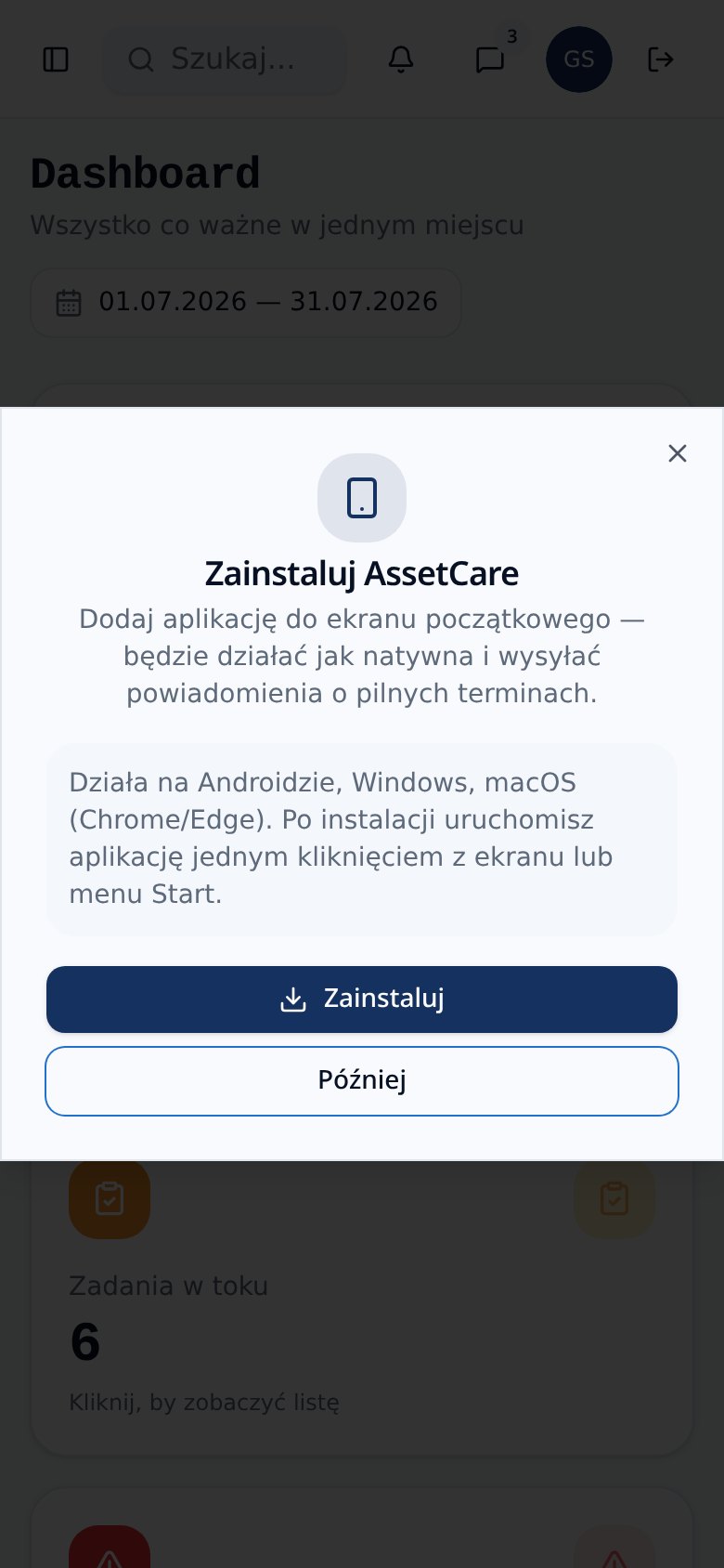Popup „Zainstaluj AssetCare” na telefonie