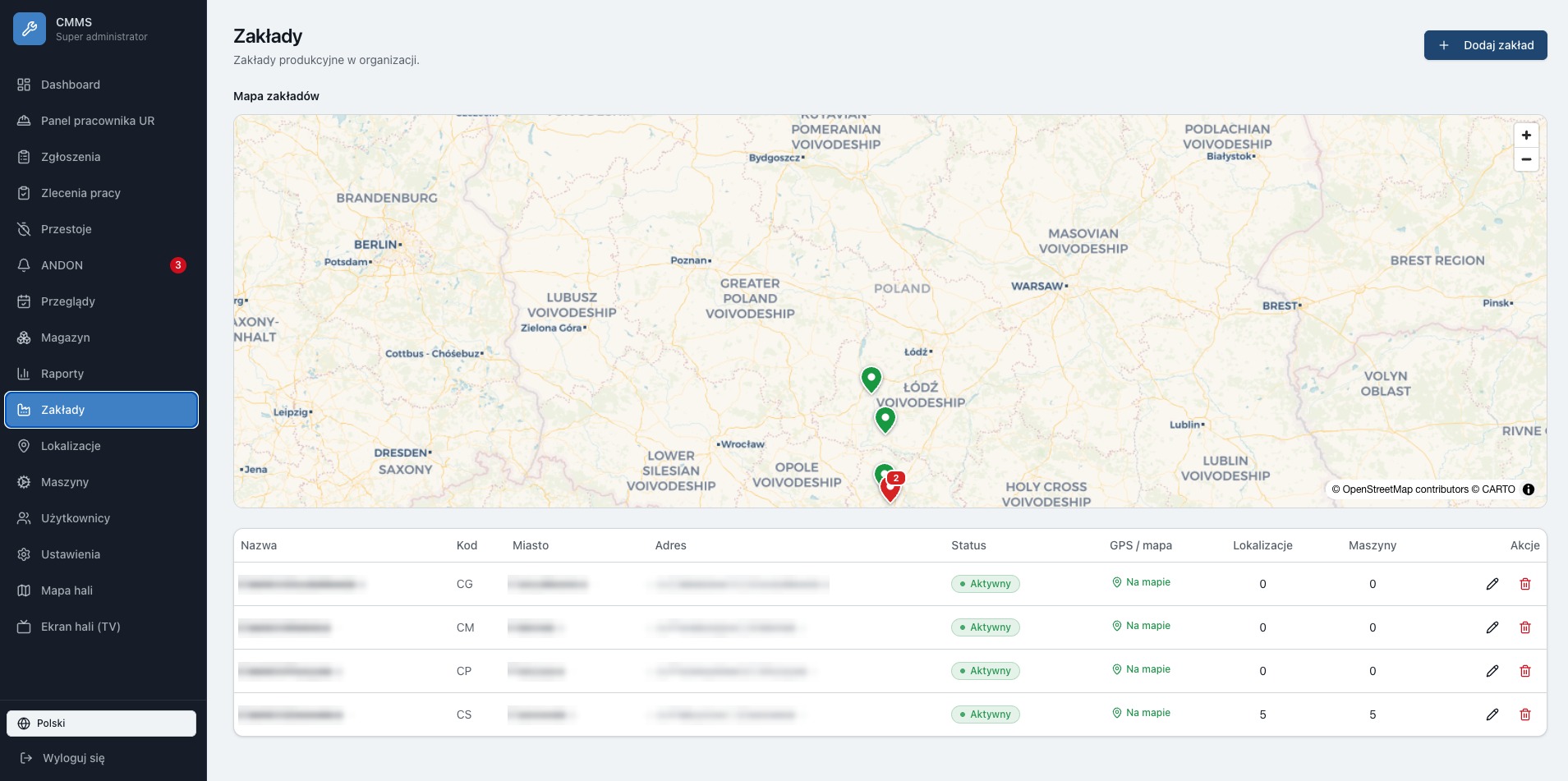 Mapa zakładów produkcyjnych z lokalizacjami GPS i listą zakładów