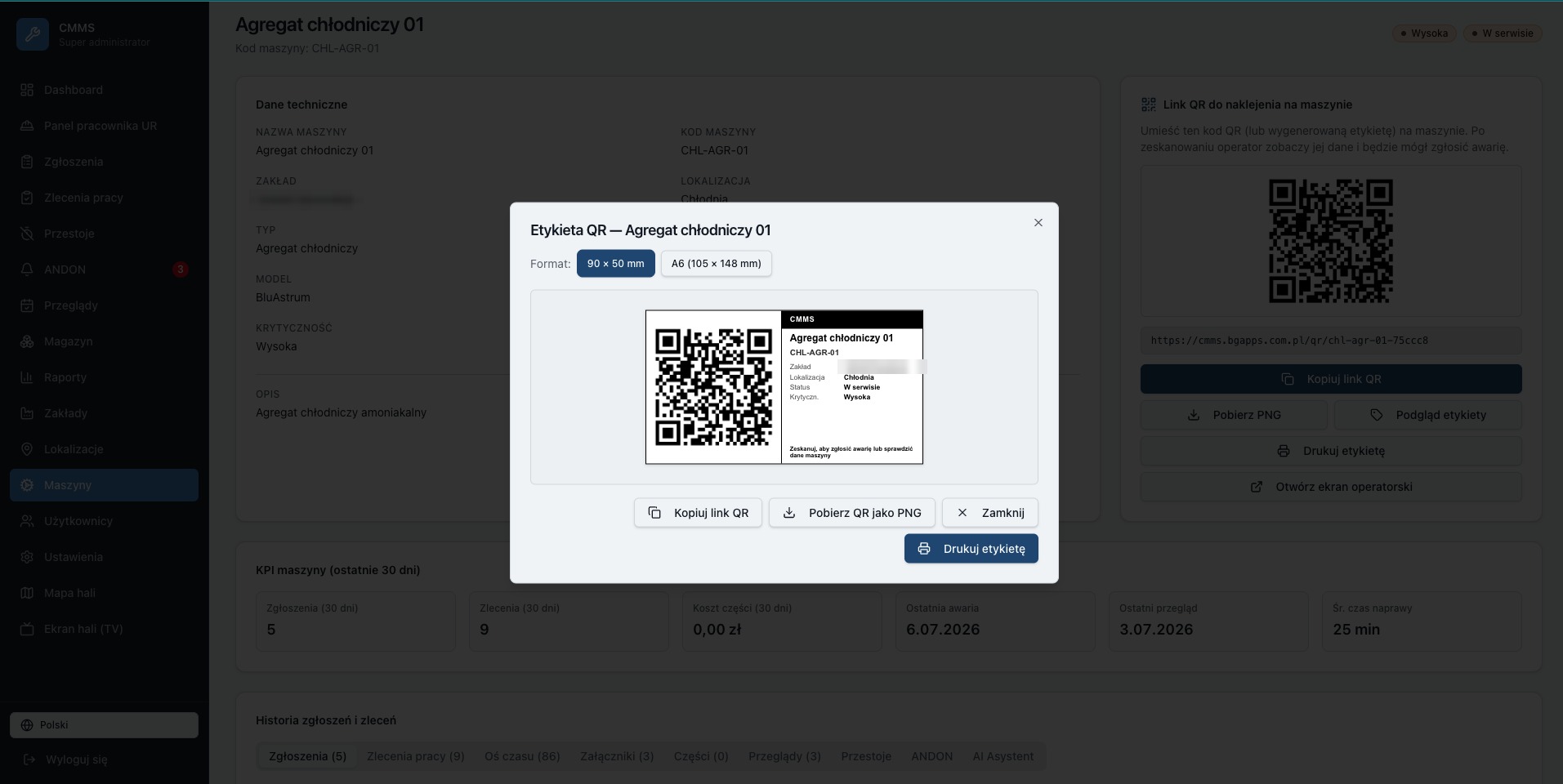 Generowanie etykiety QR dla maszyny w systemie CMMS
