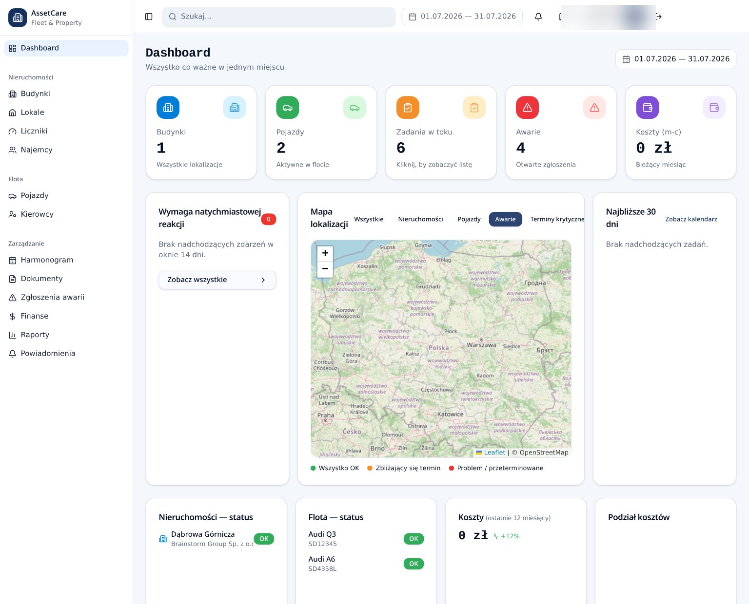 Dashboard — 5 KPI, mapa, alerty