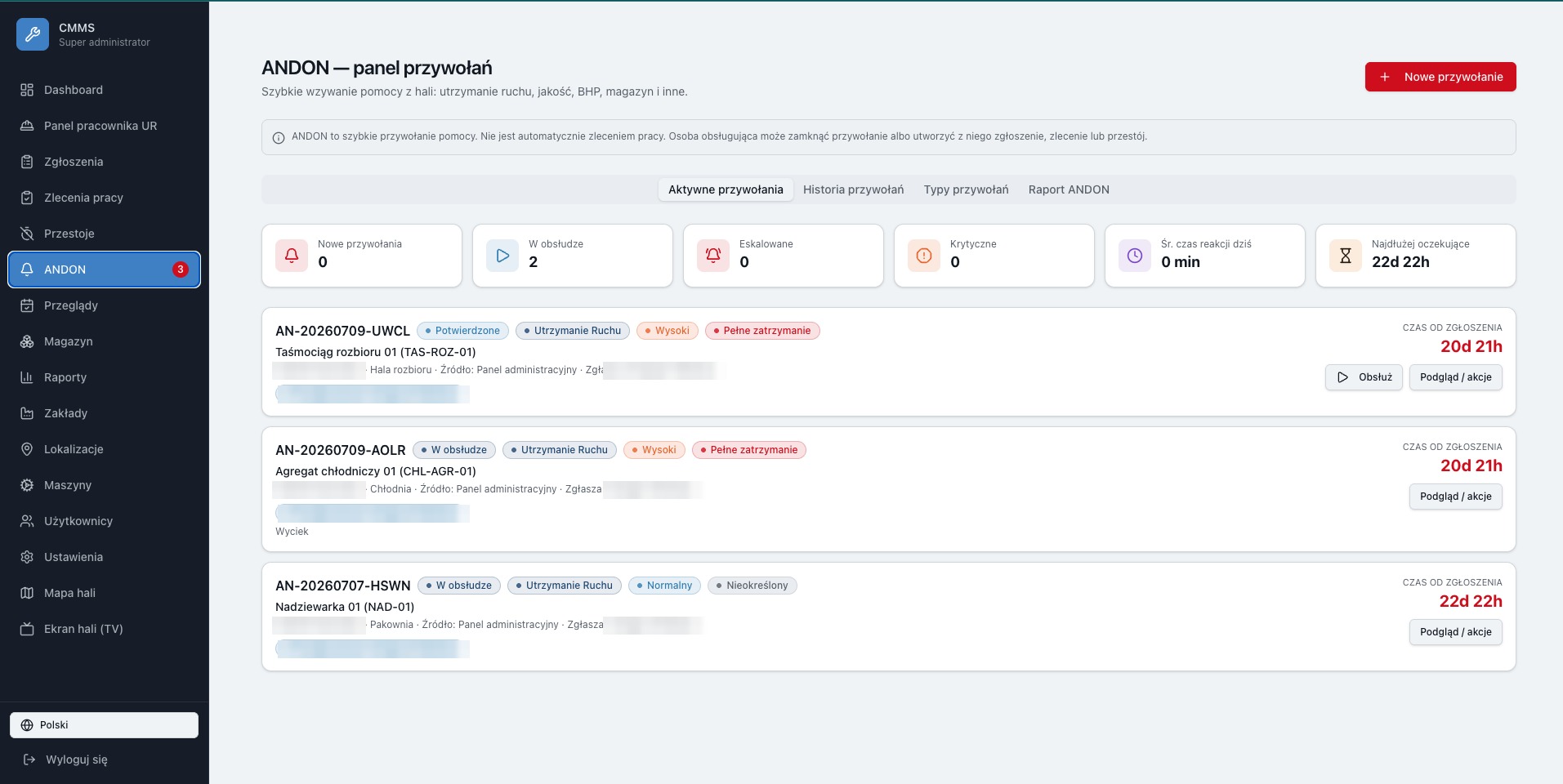 Panel ANDON — aktywne przywołania z hali